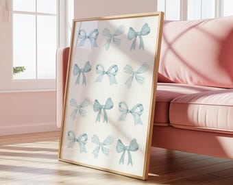 Decoración de pared moderna y femenina / Pósteres azules y blancos, lazos azules, estilo shabby chic / Decoración para dormitorio de residencia estudiantil / Archivo digital