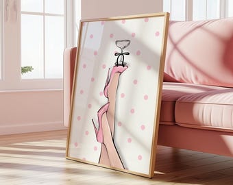 Decoración de pared moderna y femenina / Pósteres rosas y blancos, zapatos de tacón alto rosas, lunares rosas / Decoración para dormitorio de residencia estudiantil / Archivo digital