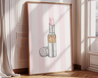 Arte mural de moda preppy para chicas / Pósteres rosas y blancos, brillo labial de diseñador, impresión con citas / Decoración para dormitorio, apartamento / Archivo digital
