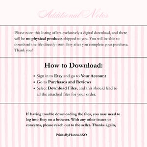 Puede incluir: Un anuncio de descarga digital con instrucciones sobre c&oacute;mo descargar archivos de Etsy. El texto incluye "Notas adicionales" y "C&oacute;mo descargar" con vi&ntilde;etas. El fondo tiene rayas rosas y blancas. El nombre del vendedor es PrintsByHannahXO.