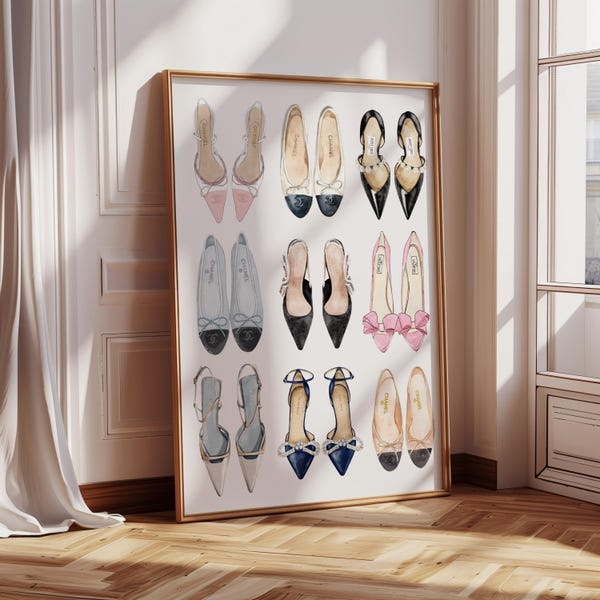 Girly Fashion Trendy Wall Art | Pink and White Posters, Vintage Shoes, Girly Heels, Fashion | Dorm Bedroom Apartment Decor | Digital File