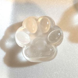 Pode incluir: Um cristal transparente em forma de pata. O cristal é transparente com almofadas e dedos arredondados. O objeto está sobre uma superfície branca.
