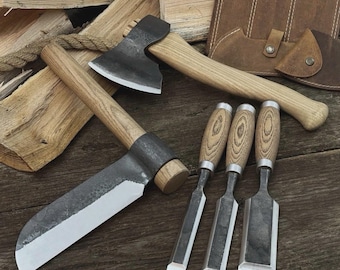 Juego de herramientas para tallar madera forjadas a mano / Cinceles, hacha y azuela artesanales