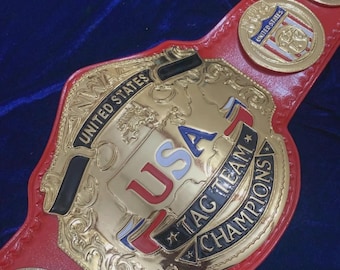 Réplica del cinturón del Campeonato de Parejas de la NWA USA (talla de adulto, correa de cuero auténtico)