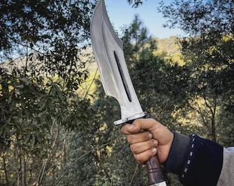 Cuchillo Bowie de acero con alto contenido de carbono forjado a mano / Mango de palisandro, funda de cuero