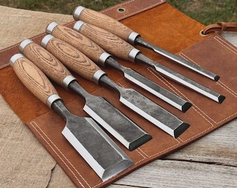 Juego de cinceles para carpintería forjados a mano, acero al carbono de alta calidad, mango de fresno, estuche de cuero