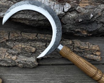 Hoz Boline forjada a mano, acero 52100 con filo de navaja, mango de fresno, funda de cuero