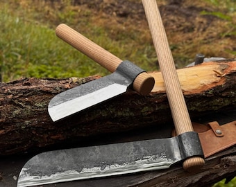 Hacha para partir leña forjada a mano, hoja de acero al carbono, mango de fresno, funda de cuero
