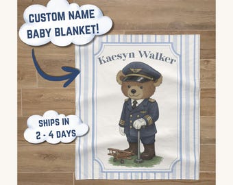 Aviation Nursery Blanket | Teddy Bear Pilot, Personalized Baby Gift