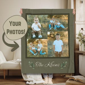 May include: An olive green personalised blanket displaying four family photographs. The blanket has a dark green border and the text "The Kleins" with leaf accents. The words "YOUR PHOTOS!" are also visible.
