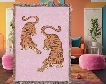 Pink Tiger Woven Fringe Throw Blanket | Aesthetic Blanket | Tiger Tapestry Throw | Cozy Home Decor Gift | Animal Print | Maximalist