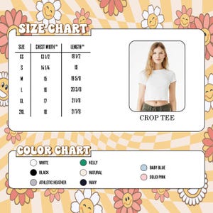 May include: A white crop tee is featured in a photo, accompanied by a size chart with measurements in inches and a color chart. The color options include white, black, athletic heather, kelly, natural, navy, baby blue, and solid pink.