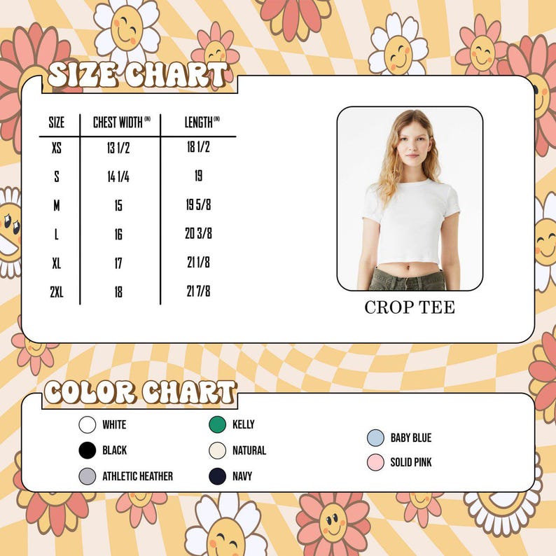 May include: A white crop tee is featured in a photo, accompanied by a size chart with measurements in inches and a color chart. The color options include white, black, athletic heather, kelly, natural, navy, baby blue, and solid pink.