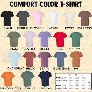 May include: A display of Comfort Color T-shirts in various colors, including black, white, red, and blue jean. The image includes a size chart with measurements in inches for each size, from S to 4XL.