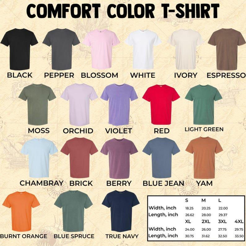 May include: A display of Comfort Color T-shirts in various colors, including black, white, red, and blue jean. The image includes a size chart with measurements in inches for each size, from S to 4XL.