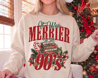 Retro It Was Merrier In The 90s Sweatshirt, Retro Christmas VHS Graphic Sweatshirt, Funny Vintage Cassette Christmas Shirt, Christmas Gift