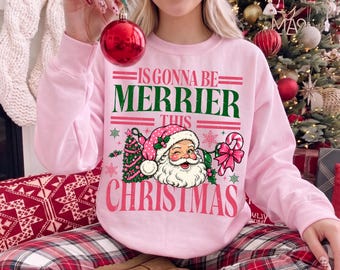 Vintage Gonna Be Merrier Christmas Sweatshit, Funny Santa Pink Christmas Sweater, Retro Holiday Shirt, Womens Holiday Party Shirt, Xmas Tee
