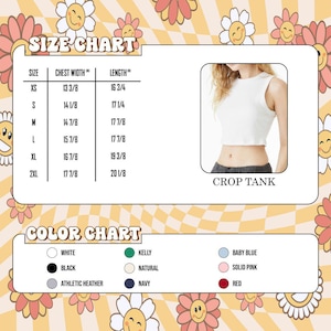 May include: White crop tank with a size chart and color chart. The size chart includes chest width and length measurements in inches for sizes XS to 2XL. The color chart shows options like white, black, and red.