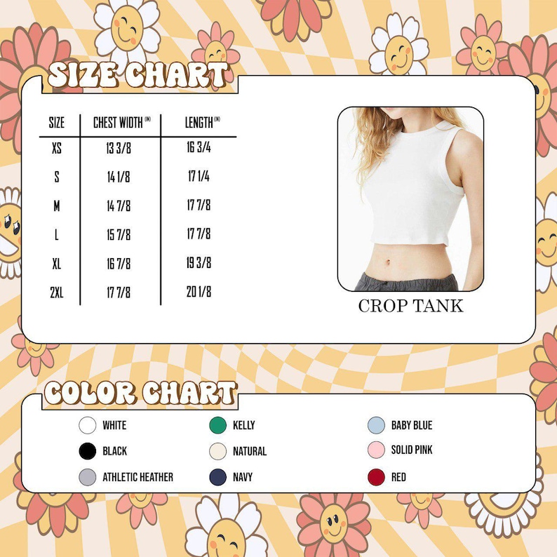 May include: White crop tank with a size chart and color chart. The size chart includes chest width and length measurements in inches for sizes XS to 2XL. The color chart shows options like white, black, and red.