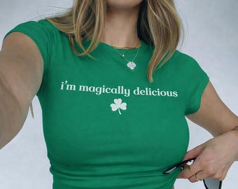 Magically Delicious Baby Tee, Funny St Patrick's Day Crop Top, Retro St Patrick's Day Shirt, St Pattys Day Womens Top, Lucky Charm Baby Tee