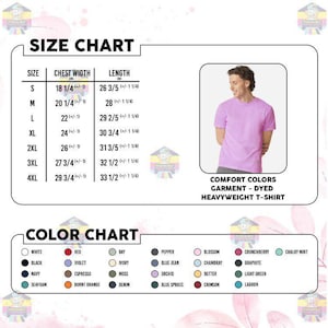 以下が含まれることがあります： Comfort ColorsのガーメントダイヘビーウェイトTシャツのサイズ表。Sから4XLまでの胸幅と着丈をインチで示した表と、円形のカラーサンプルが並ぶ色見本が記載されています。