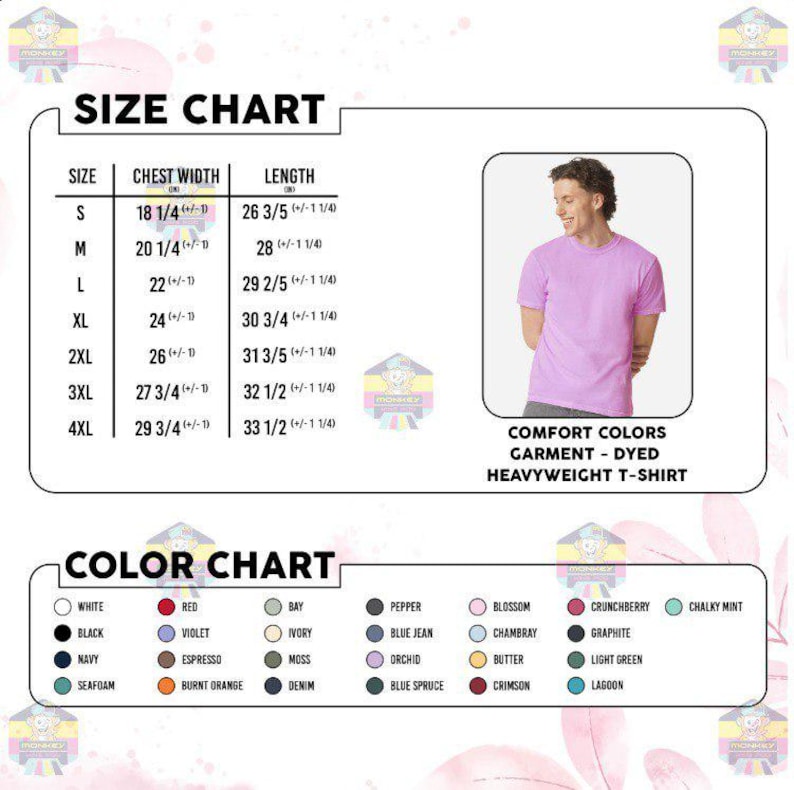 以下が含まれることがあります： Comfort ColorsのガーメントダイヘビーウェイトTシャツのサイズ表。Sから4XLまでの胸幅と着丈をインチで示した表と、円形のカラーサンプルが並ぶ色見本が記載されています。