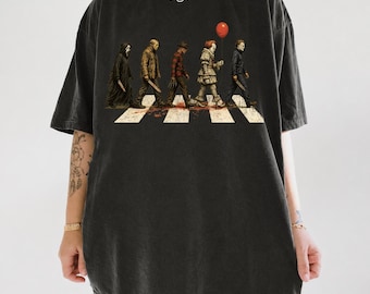 Camiseta de Abbey Road con personajes de terror vintage, camiseta de iconos de terror Crossing, camiseta a juego de villano de Halloween, película de terror retro de Halloween
