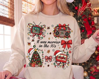 Vintage It Was Merrier In The 90s Sweatshirt, Retro Christmas Cassette Tape Sweatshirt, FunnyCassette Christmas Shirt, Christmas Gift