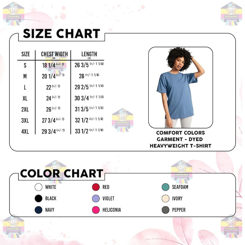 May include: A size and color chart for a Comfort Colors garment-dyed heavyweight t-shirt. The chart includes chest width and length measurements in inches for sizes S through 4XL. Color options include white, black, navy, red, violet, and more.