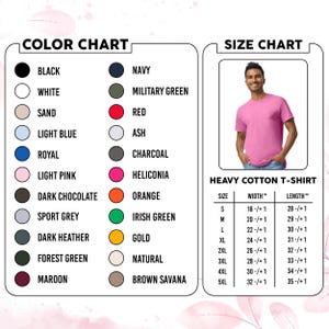 May include: A color chart and size chart for a heavy cotton t-shirt. The color chart displays various colors, including black, navy, and red. The size chart shows measurements in inches for sizes S to 5XL. A man models the t-shirt.
