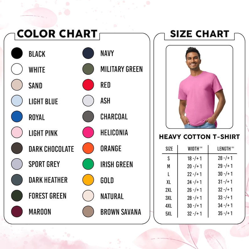 May include: A color chart and size chart for a heavy cotton t-shirt. The color chart displays various colors, including black, navy, and red. The size chart shows measurements in inches for sizes S to 5XL. A man models the t-shirt.