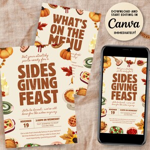 May include: Thanksgiving-themed invitation with the text "What's on the Menu" and "Sides Giving Feast." The design includes pumpkins, fall leaves, and food illustrations. A smartphone displays the same invitation.