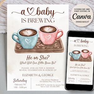 May include: A baby shower invitation with the text "A baby is brewing." The design features two coffee cups, one blue and one pink, with heart details. The invitation includes details for a gender reveal celebration.