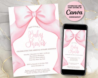 Coquette Pink Bow Baby Shower Invitation | Editable Canva Template | Elegant Ribbon Theme | Printable Baby Shower Invite