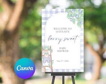 Blueberry Baby Shower Poster: Berry Sweet, Blue Gingham Welcome Sign (Canva Template)