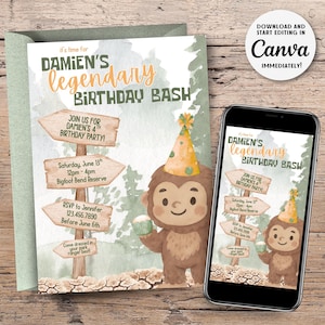 May include: An invitation for Damien's birthday bash, featuring a cartoon Bigfoot character wearing a party hat and holding a cupcake. The invitation includes event details and RSVP information. A smartphone displays the same design. The text reads "Download and start editing in Canva immediately!"