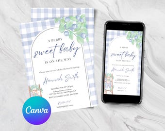 Blueberry Baby Shower Invitation: Berry Sweet, Blue Gingham Editable Canva Template