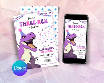 May include: A birthday invitation with a purple dinosaur illustration and the text "There's a THREE-REX on the loose!". The invitation is on a white background with confetti and a banner. A smartphone displays the same invitation.