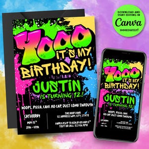 May include: A birthday party invitation with a colorful graffiti design. The invitation reads "Too It's My Birthday! Justin is turning 12!" and includes event details. A smartphone displays the same design.
