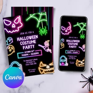 Neon-Halloween-Party-Einladung: Gruseliges leuchtendes Design (bearbeitbare Canva-Vorlage)