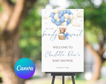Blue Teddy Bear Baby Shower Poster: Editable Canva Template (Digital Download)