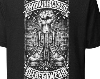 WORKING CLASS Streetwear Boots and Fist Logo on Dark Tee Unisex t-shirt
