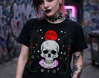 Women's Relaxed T-Shirt MOON CHILD black cat crow raven halloween skull moon