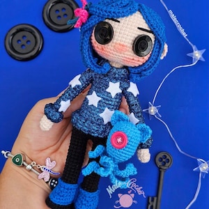 PDF pattern Coraline star sweater, English and Spanish language, step by step how to knit this blue-haired girl with her octopus