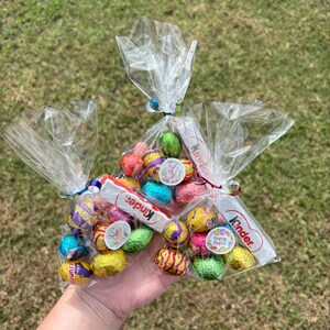 May include: A clear cellophane bag filled with colourful foil-wrapped chocolate eggs and Kinder chocolate bars. The bag is tied with a blue ribbon and contains a Happy Easter sticker. The background is green grass.