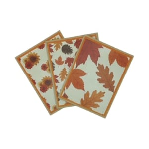 May include: Three rectangular cards with autumn designs. One card features sunflowers and red flowers, another has leaves and a pinecone, and the third displays oak leaves. Each card has a cream background and a brown border.