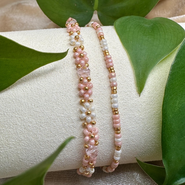 Pink cream white beaded seed bead flower bracelet set, handmade delicate dainty daisy jewelry stack, girly pretty feminine matching gift