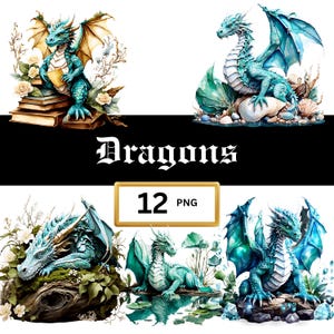 以下が含まれることがあります： 水彩画のドラゴンのイラスト。ターコイズと青の色合いで描かれています。本や岩の上、または水辺にいるドラゴンもいます。画像には「Dragons」と「12 PNG」の文字が含まれています。