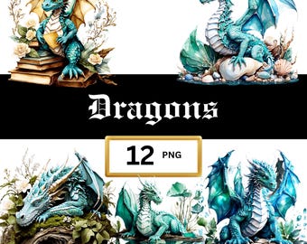 12 Dragon Clipart Bundle, Dragons PNG Bundle, Fantasy Dragon, Watercolor Dragon, Green Dragon, Fairytale clipart, mystical creatures,