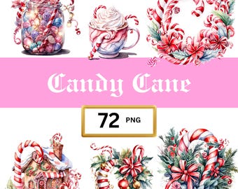 72 akwarelowe laski cukrowe Clipart PNG Pakiet Miętowe cukierki Słodycze Świąteczne Obrazy PNG Boże Narodzenie Xmas Grafika PNG, Użytek Komercyjny